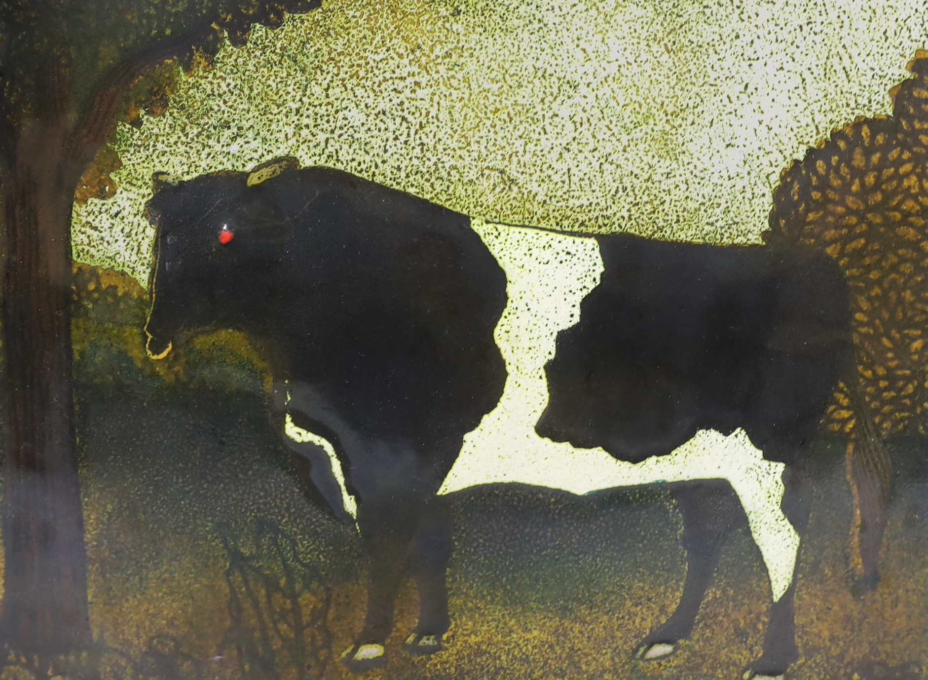 A framed Digby Turpin, enamelled plaque of a bull, overall 39cm wide x 34cm